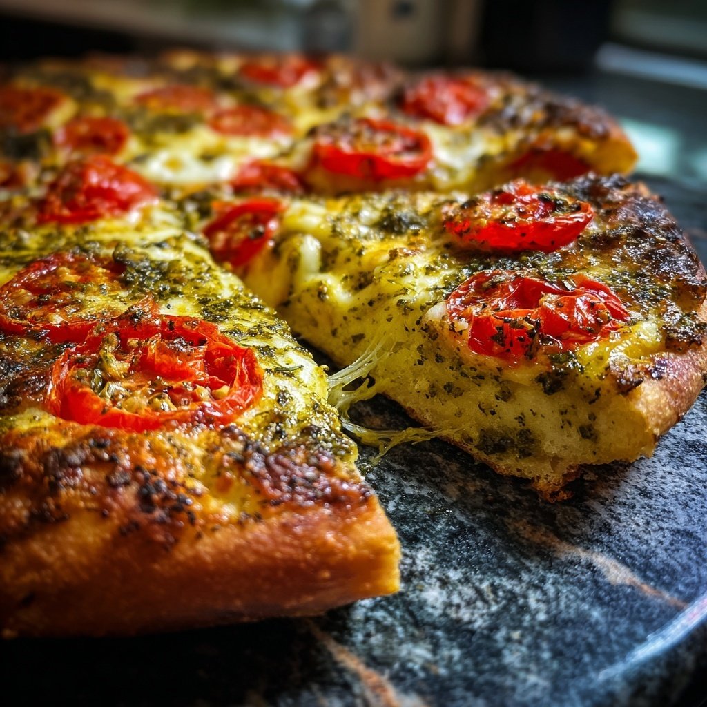 Pizza mit Pesto und Kirschtomaten